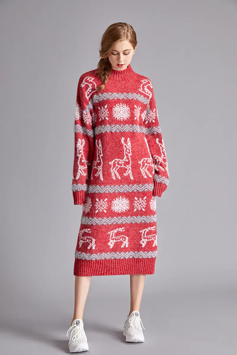 Christmas Reindeer Velvet Sweater Dress for Women